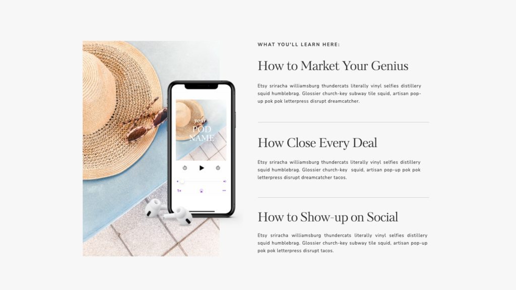 Learn Section - Showit Podcast Page Template by Tonic Site Shop
