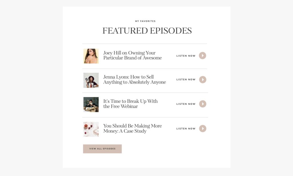 Featured Episodes Section - Showit Podcast Page Template by Tonic Site Shop